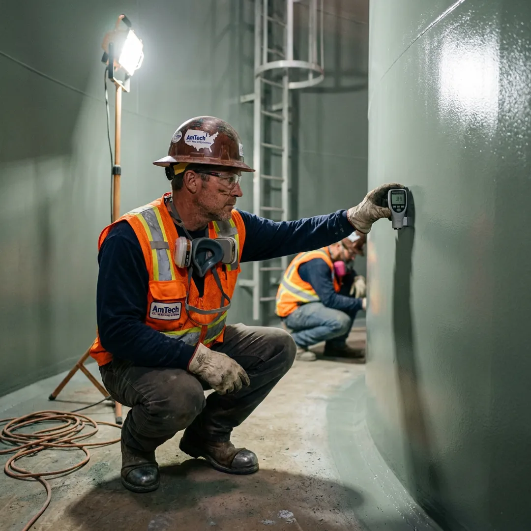 Technician inspecting an industrial tank coating project