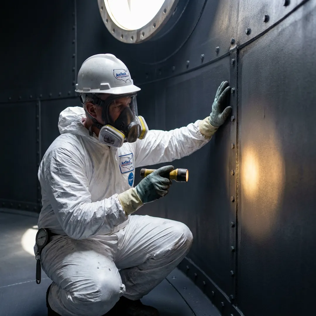 Technician inspecting a coated storage tank interior