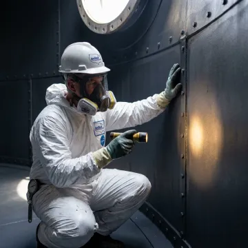 Technician inspecting a coated storage tank interior