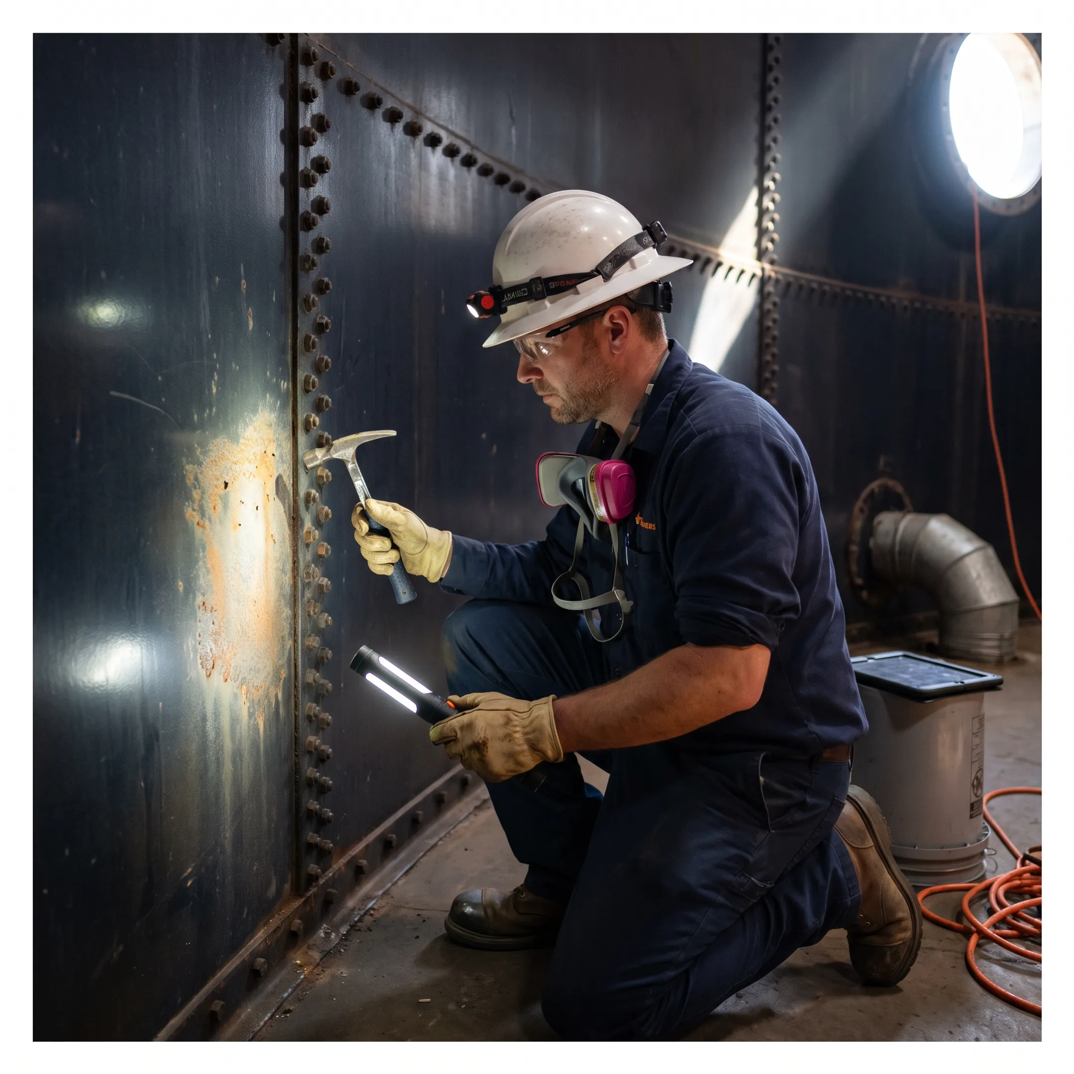 Technician inspecting a steel tank before relining
