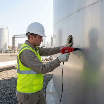 Industrial technician performing ultrasonic thickness testing on large aboveground storage tank