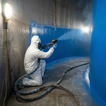 Chemical-resistant tank lining being spray-applied inside industrial storage tank