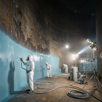 Industrial fuel storage tank interior being relined with protective coating system