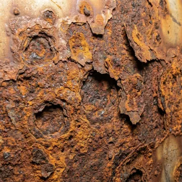 Close-up of corroded interior tank wall showing rust and deterioration captured by video inspection