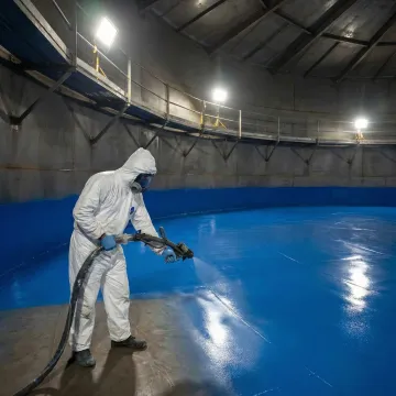 Technician applying protective floor coating to repaired industrial tank bottom