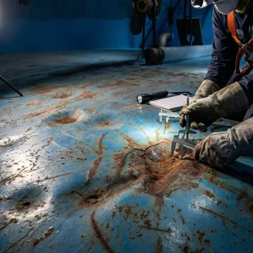 Industrial tank floor dent repair work in progress showing corroded steel bottom being prepared for restoration