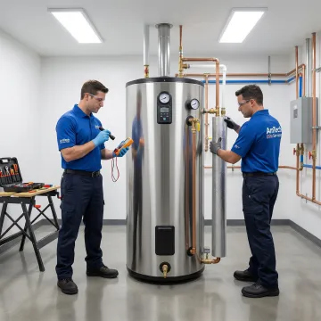 Hot water tank repair technician inspecting residential water heater in Kelowna
