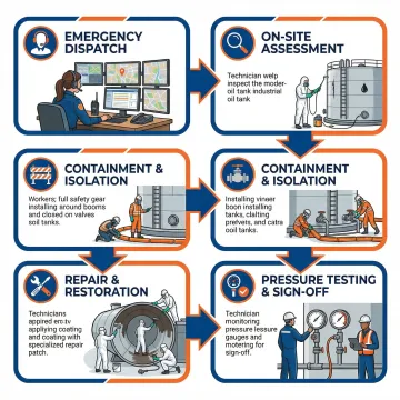 Step-by-step emergency oil tank repair process diagram showing containment through restoration