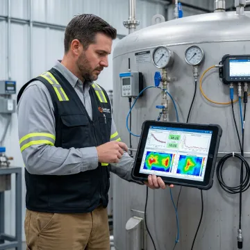 Engineer reviewing ultrasonic tank testing data on tablet