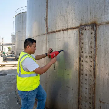 Technician performing ultrasonic leak detection on industrial storage tank