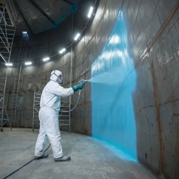 Technician performing maintenance work inside a water storage tank with protective coating equipment