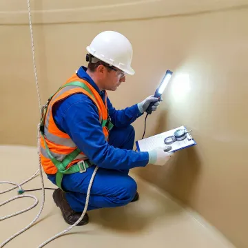 AmTech technician performing professional FRP tank inspection and lining application