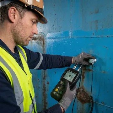 NDT technician performing ultrasonic thickness testing on industrial storage tank