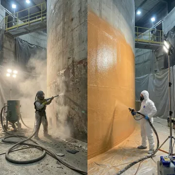Step-by-step tank leak repair process showing surface preparation and lining application