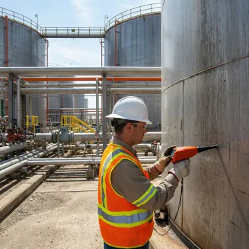 Industrial technician performing ultrasonic leak detection on oil storage tank