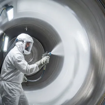 AmTech technician applying protective lining to repaired water heater tank interior