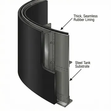 Cross-section view of seamless rubber tank lining protecting metal substrate