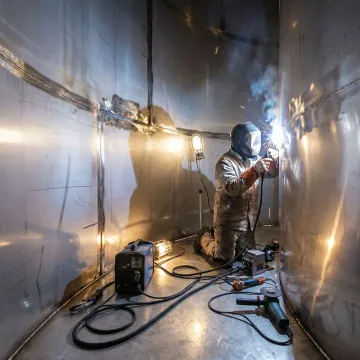 Technician repairing stainless steel industrial tank in Houston facility