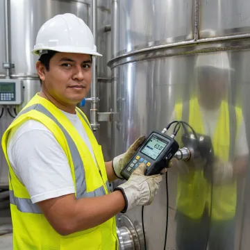 Engineer inspecting stainless steel tank repair with diagnostic equipment