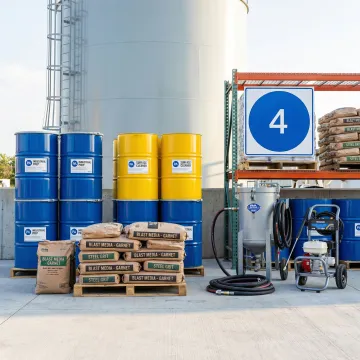 Industrial tank cleaning chemicals and abrasive blasting equipment prepared for Pennsylvania facility