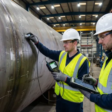Engineers inspecting industrial pressure vessel with ultrasonic testing equipment