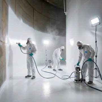 Technicians applying protective lining inside large industrial propane storage tank