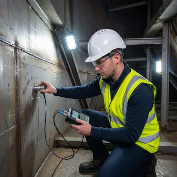 AmTech field engineer inspecting industrial tank interior with ultrasonic testing equipment