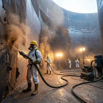 Industrial crew performing hydrocarbon tank cleaning on large petroleum storage tank in Texas facility