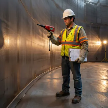 Engineer inspecting cleaned hydrocarbon tank interior with measurement equipment