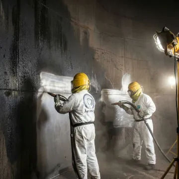 Industrial crew cleaning and preparing commercial grease tank interior