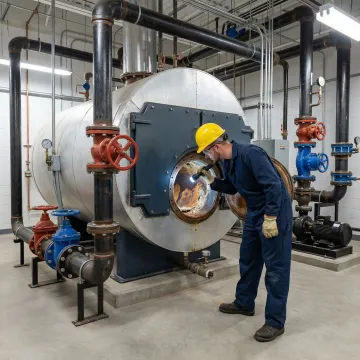 Industrial hot water boiler tank being repaired by technician