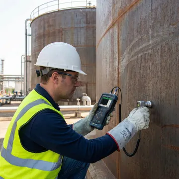 Specialty tank service technician performing ultrasonic testing on industrial storage tank