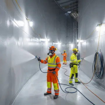 Industrial storage tank being serviced by AmTech technicians with specialized lining equipment