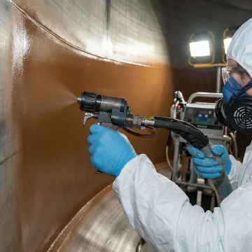 Technician applying protective lining to interior of industrial storage tank