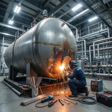 Emergency hot water tank repair technician working on damaged residential tank system in Lockport NY
