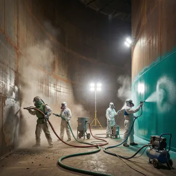 Tank repair technicians performing surface preparation and coating application inside industrial storage tank