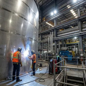 Industrial storage tank repair crew performing welding and structural repairs on large steel tank in Dallas facility