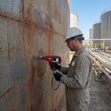 Technician performing ultrasonic NDT inspection on industrial storage tank