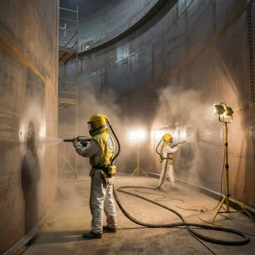 Industrial tank cleaning crew performing abrasive blasting on large steel storage tank interior