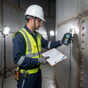 Engineer inspecting industrial tank interior with measurement equipment during cleaning process