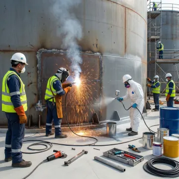 Professional technicians repairing large industrial fuel storage tank