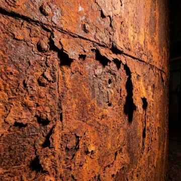Close-up of corroded oil tank wall showing rust damage and structural deterioration