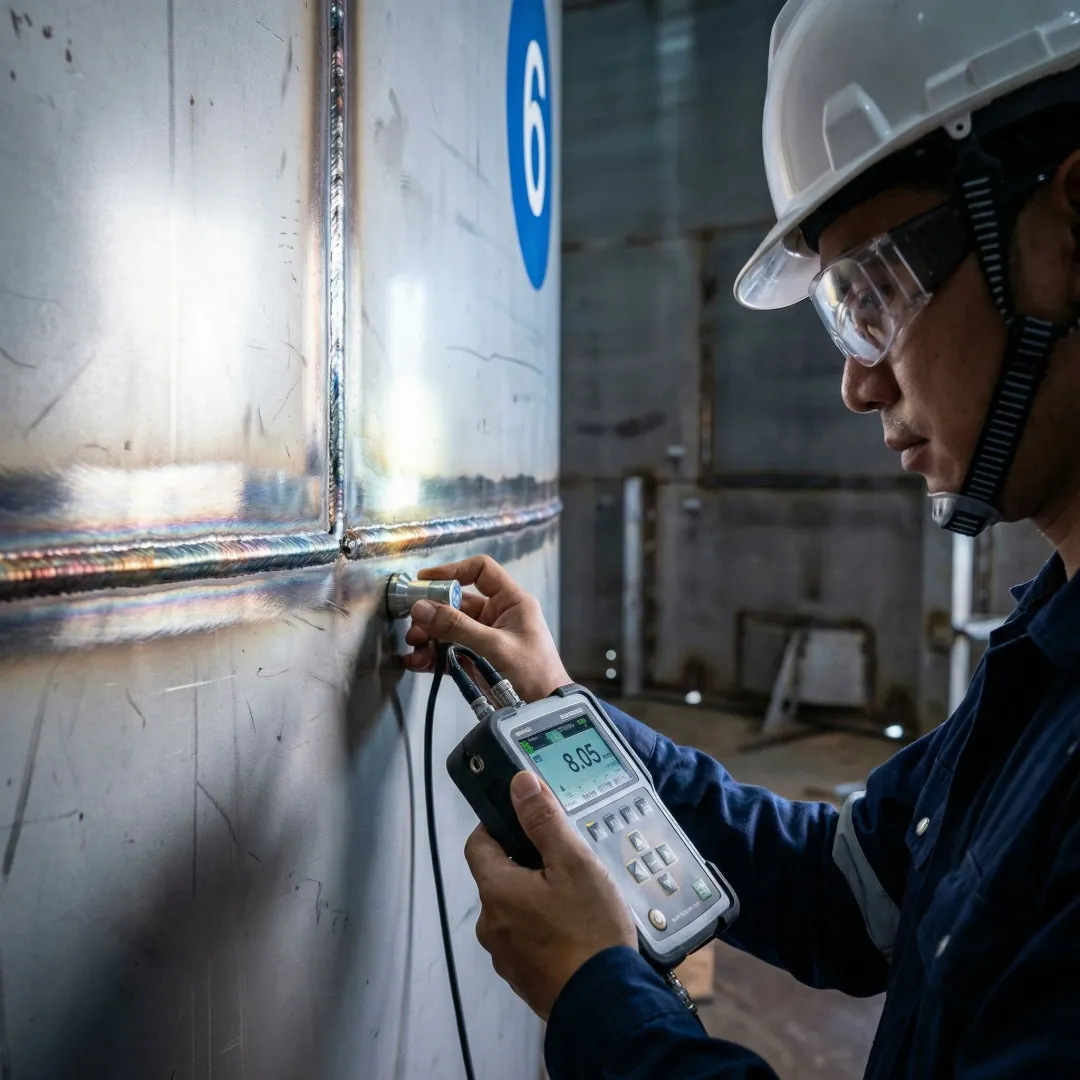 Certified technician inspecting welded steel tank repair with ultrasonic testing equipment