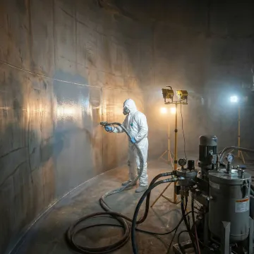 AmTech technician applying specialized tank leak repair coating system