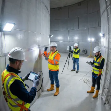 Professional technicians performing water tank maintenance inspection and cleaning