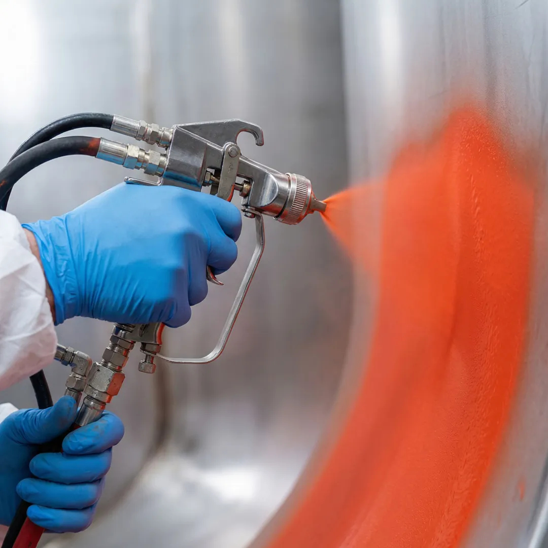 AmTech technician spray-applying DuraChem tank lining system inside industrial storage tank