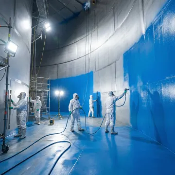 Industrial storage tank interior being professionally lined by AmTech technicians