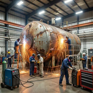 Emergency hot water tank repair crew working on industrial tank in Oklahoma City facility