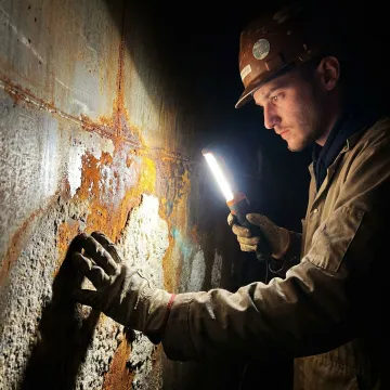 AmTech technician inspecting corroded hot water tank interior with flashlight