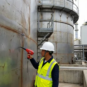 NDT technician performing ultrasonic tank inspection